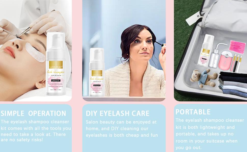 【Spring Glow-Up】3.38oz Lash Shampoo Kit for Eyelash Extensions & Gentle Mousse Cleanser & Mini Pink Handheld Fan - Easy for Beginners & Makeup Care