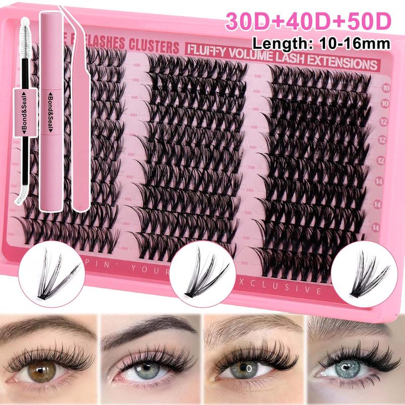 Complete DIY Eyelash Extension Kit – Individual Lashes Clusters with Bond, Seal & Tweezers, 10-16mm, D Curl, 30D/40D/50D Volume, Great for Beginners & Holiday Gift for Her