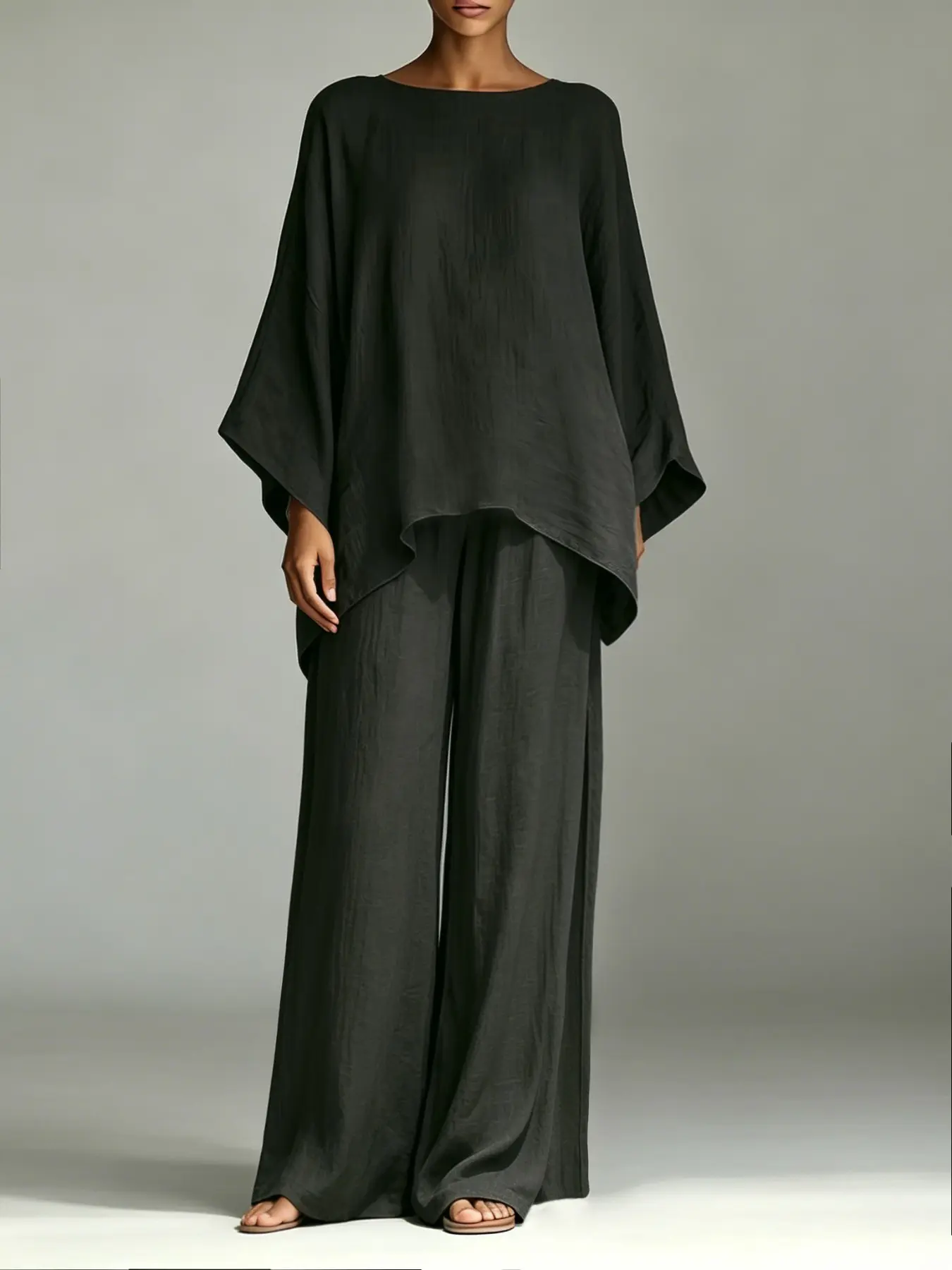 C1762 Trending Quiet Luxury Women Relax‑Fit Two‑Piece Suit, Uneven Hem Batwing Blouse with Flowy Draped Wide‑Leg Trousers, Viral Staple for Daily Commuting Looks.