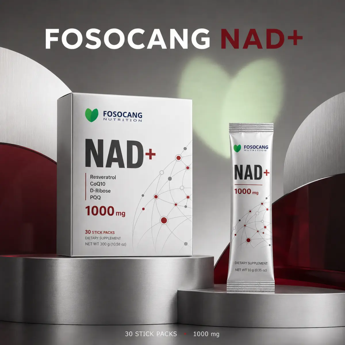 NAD+ Powder 1000mg Stick Packs, Advanced Formula with Resveratrol, CoQ10, D-Ribose & PQQ, Cellular Energy & Antioxidant Support, 30 Single-Serve Packets
