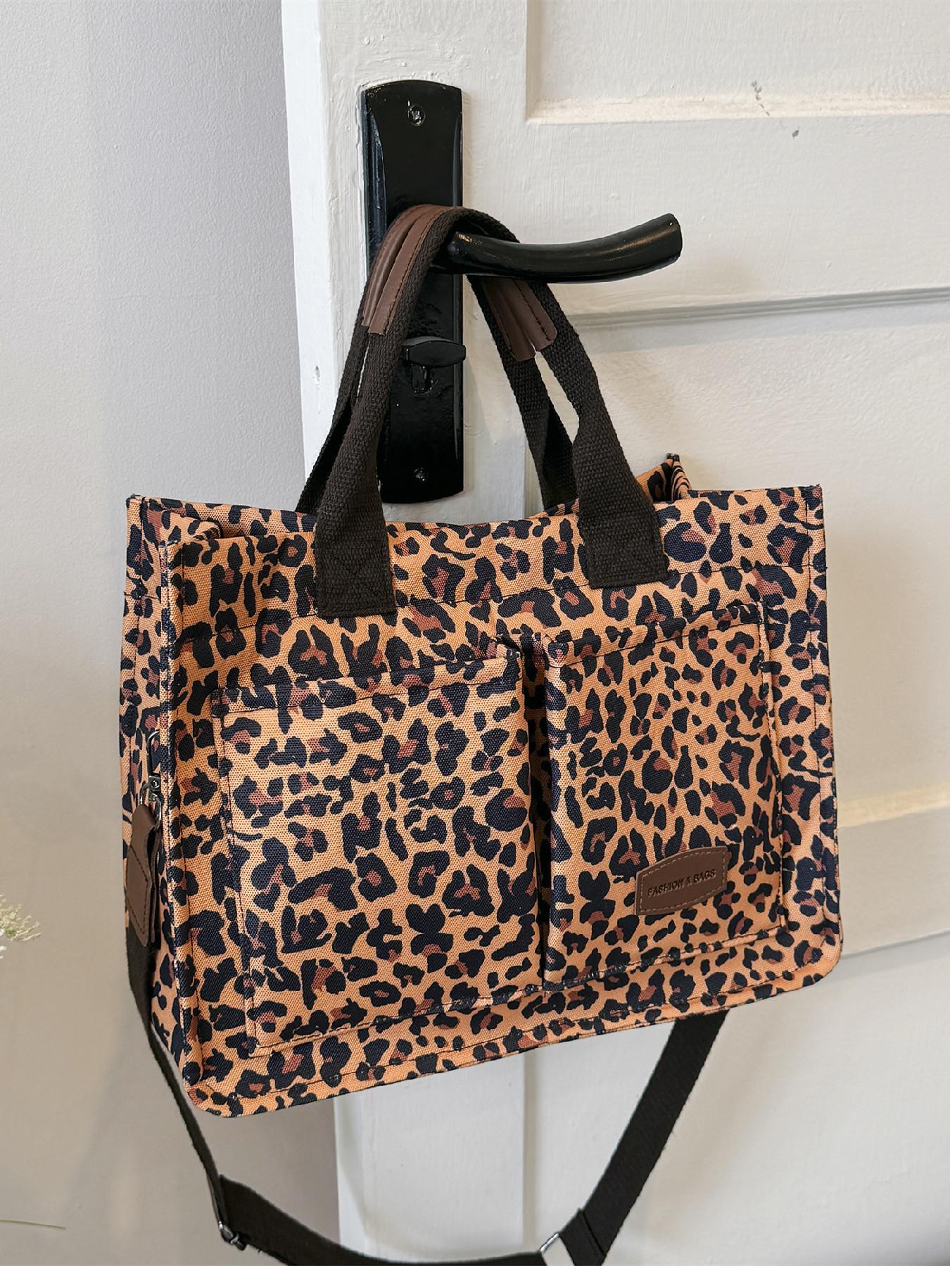 Fashion Leopard Pattern Adjustable Tote Bag, Casual Letters Patched Decor Shoulder Bag for Women, Trendy All-match Commuter Bag, Handbag Shoulder Bag