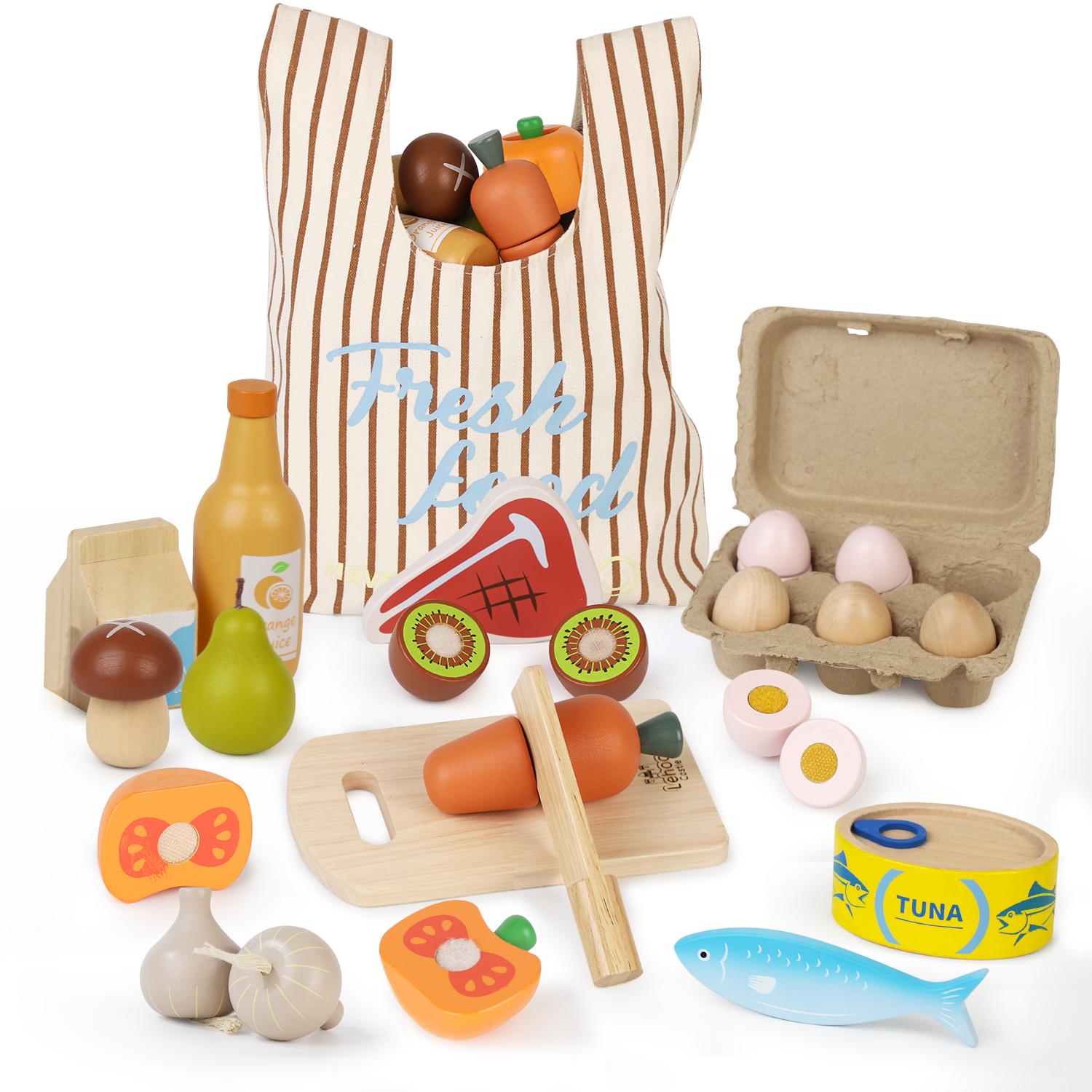 Wooden Pretend Play Food, Wooeden Breakfast Food, Play Food Sets with Shopping Bag for Kids Kitchen, Fake Food Pretend Play for Kids, Realistic Food Playset Cutting Fruit Bread Egg Bag, Role Playing Toys for Kids Wooden Pretend Play Food, Wooeden Breakfast Food, Play Food Sets with Shopping Bag for Kids Kitchen, Fake Food Pretend Play for Kids, Realistic Food Playset Cutting Fruit Bread Egg Bag, Role Playing Toys for Kids