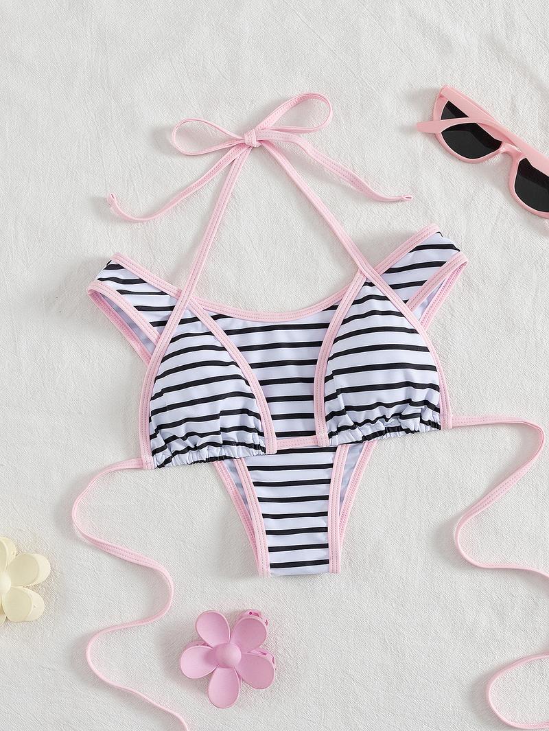 Summer Vibe Alert! Black & White Striped Halter Bikini Swimsuit Set with Pink Trim - Viral Beachwear for Insta-Worthy Photos Summer Vibe Alert! Black & White Striped Halter Bikini Swimsuit Set with Pink Trim - Viral Beachwear for Insta-Worthy Photos