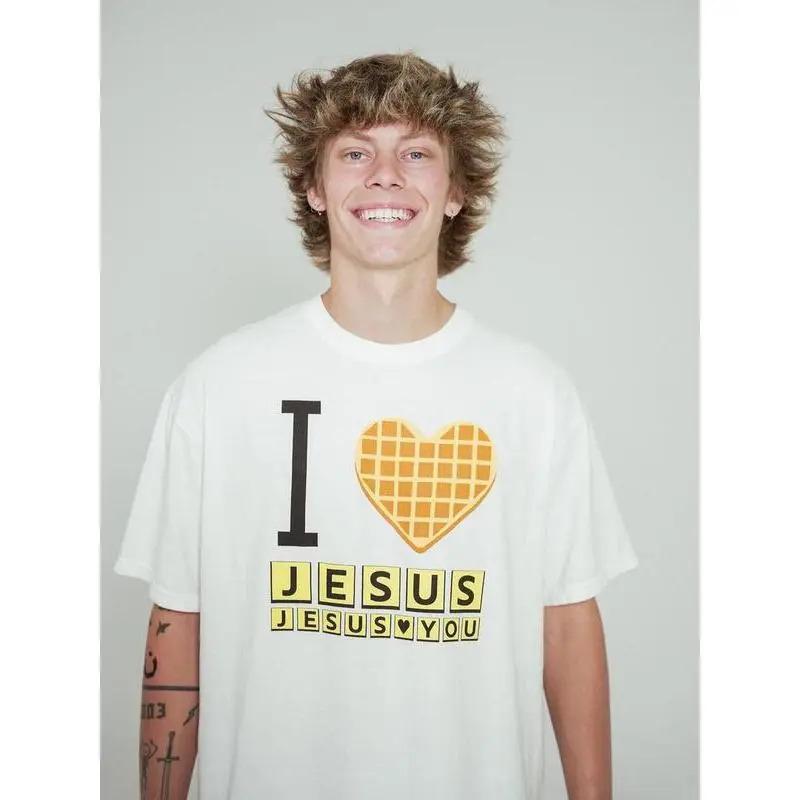 Unisex 'I Love Jesus' Cotton Christian Sports Top - Short-Sleeve, Round-Neck, Soft Waffle Knit, Digital Printing, Long Lasting Print, Casual Clothes