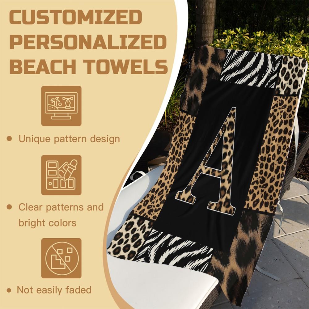 Luxe Animal Print Letter A-Z Beach Towel, Leopard Zebra Patchwork Pool Towel, Wild Safari Camping Towel, Soft Absorbent Bath Towel Blanket for Women Teens Girls, All-Purpose Towel for Travel Swimming Vacation