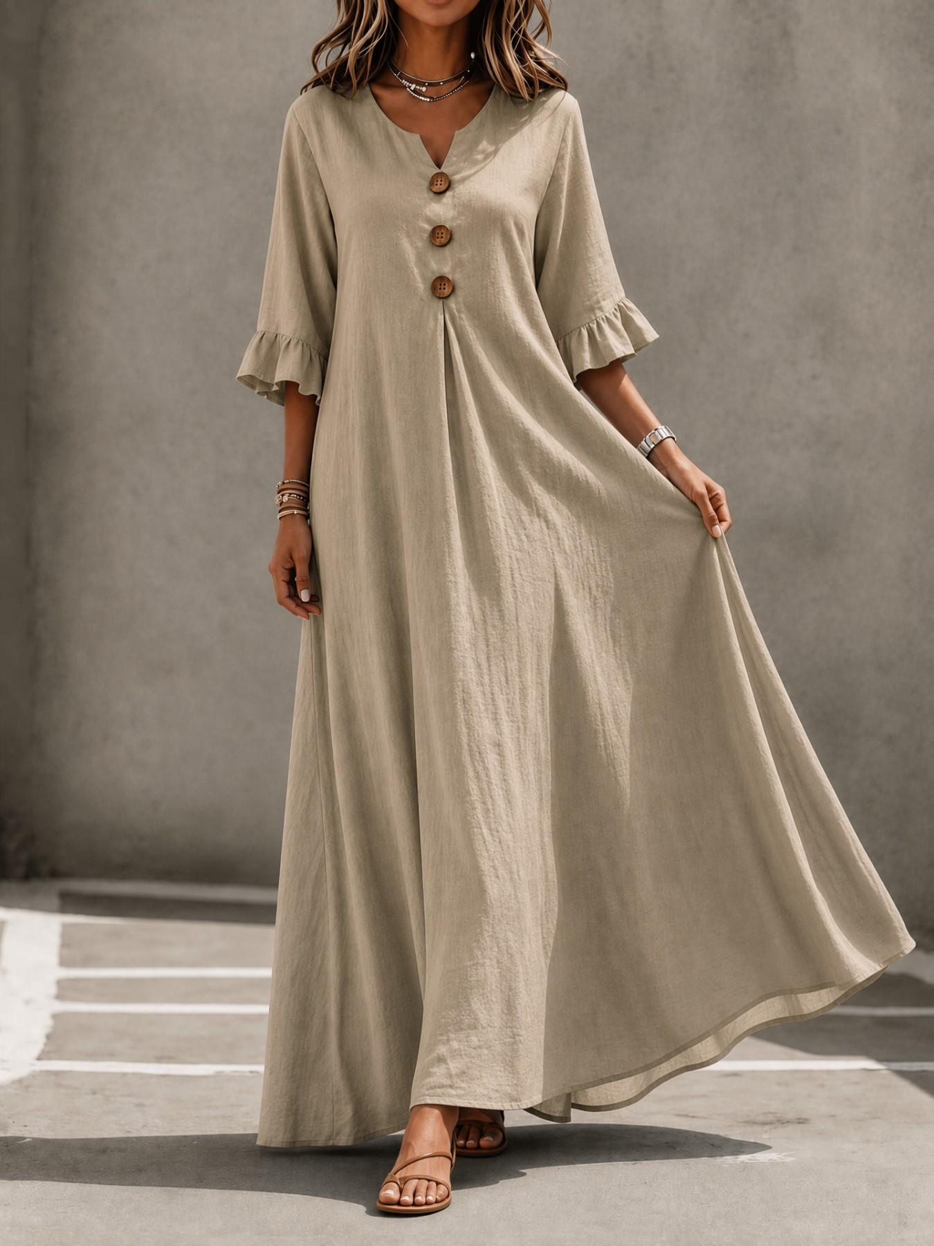 Women's Boho Style Loose-Fitting Wooden Texture V-Neck Dress, Leaf Sleeve Round Button A-Line Long Dress, All Seasons Fashion