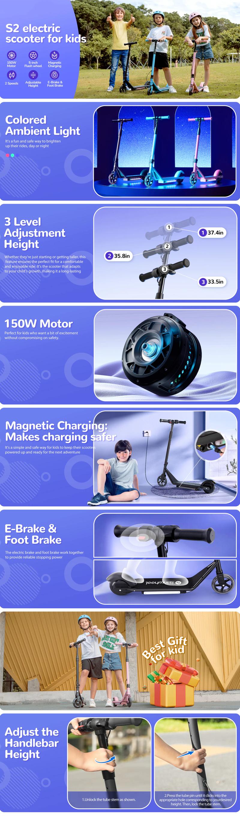 【Christmas Gifts】Electric Scooter for Kids, 10 MPH Top Speed,15 Miles Range, 2 Speed Modes, Disc Brakes, UL Lithium Battery, Aluminum Alloy Frame,5-Inch Flash  Wheels Foldable Electric Scooter forAges 6-14 Convenience Safety