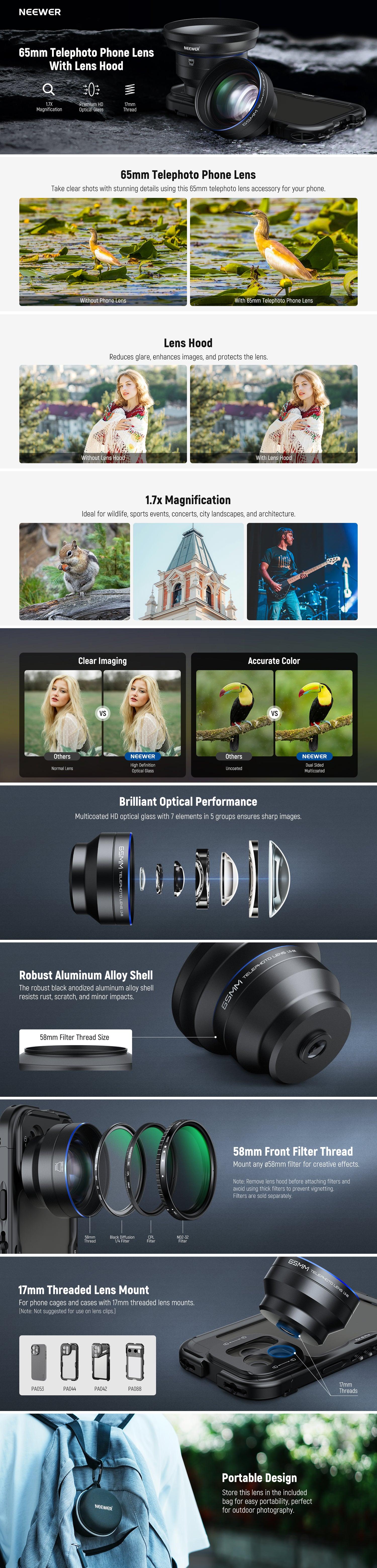 NEEWER LS-66 65mm HD Telephoto Phone Camera Lens with Lens Hood Only for 17mm Thread Lens Backplate Cell Phone Cage Case, 1.7X Zoom Lens Attachment Compatible with iPhone 16 15 S25 S24 Ultra Android NEEWER LS-66 65mm HD Telephoto Phone Camera Lens with Lens Hood Only for 17mm Thread Lens Backplate Cell Phone Cage Case, 1.7X Zoom Lens Attachment Compatible with iPhone 16 15 S25 S24 Ultra Android