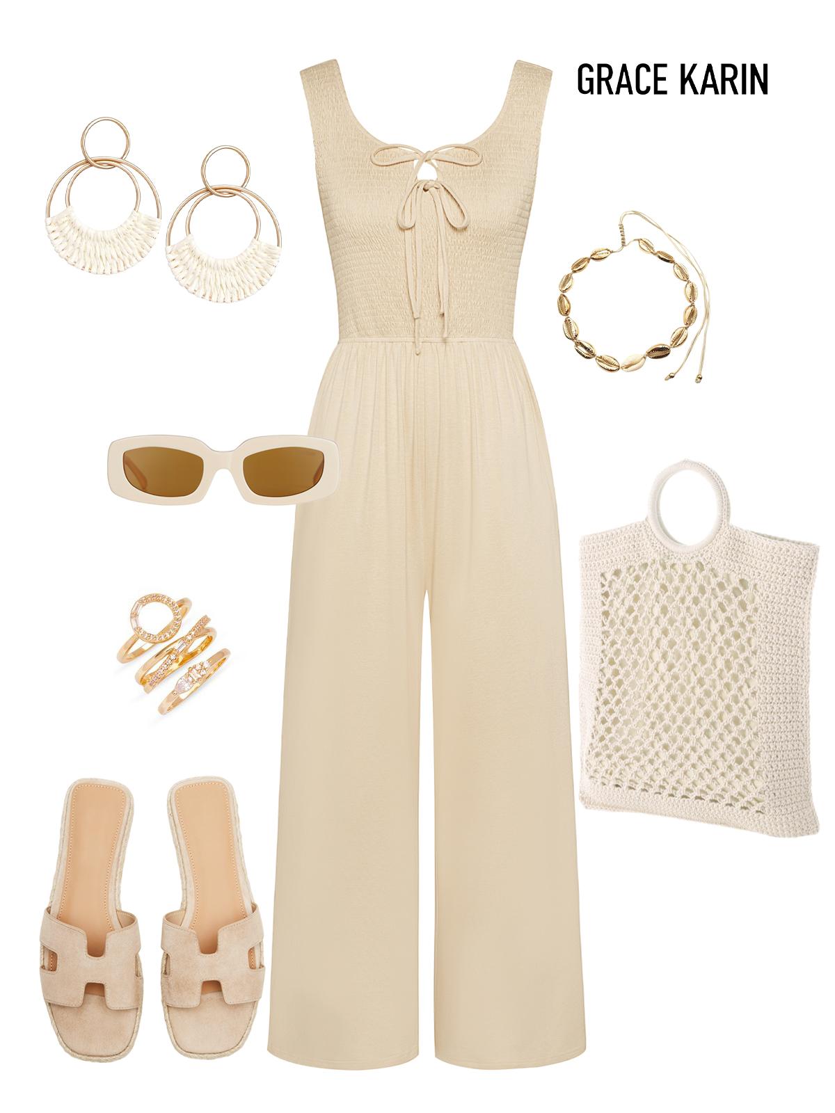 GRACE KARIN Jumpsuits for Women Bow Tie Front Overalls Smocked Tops Wide Legs Casual Knitted Outfits with Pockets