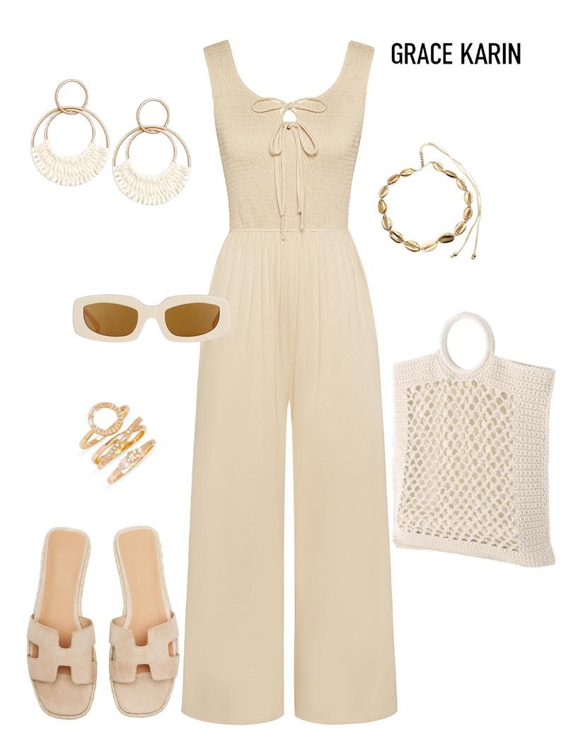 GRACE KARIN Jumpsuits for Women Bow Tie Front Overalls Smocked Tops Wide Legs Casual Knitted Outfits with Pockets