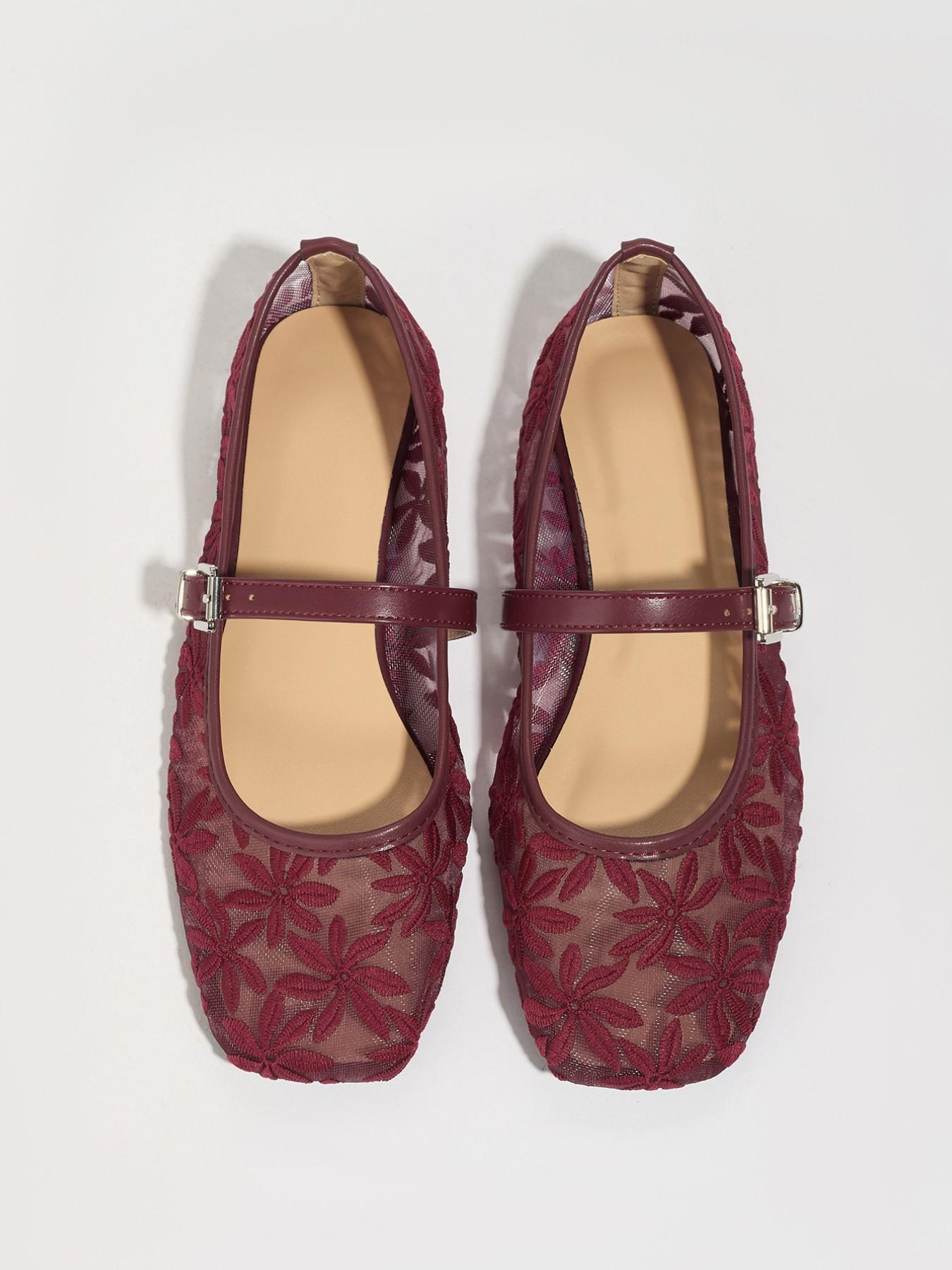 Vintage Wine Lace Mary Jane Shoes, Square Toe, Retro Style, Textile Upper, Rubber Sole, Embroidery Design, Less Than Ankle Height