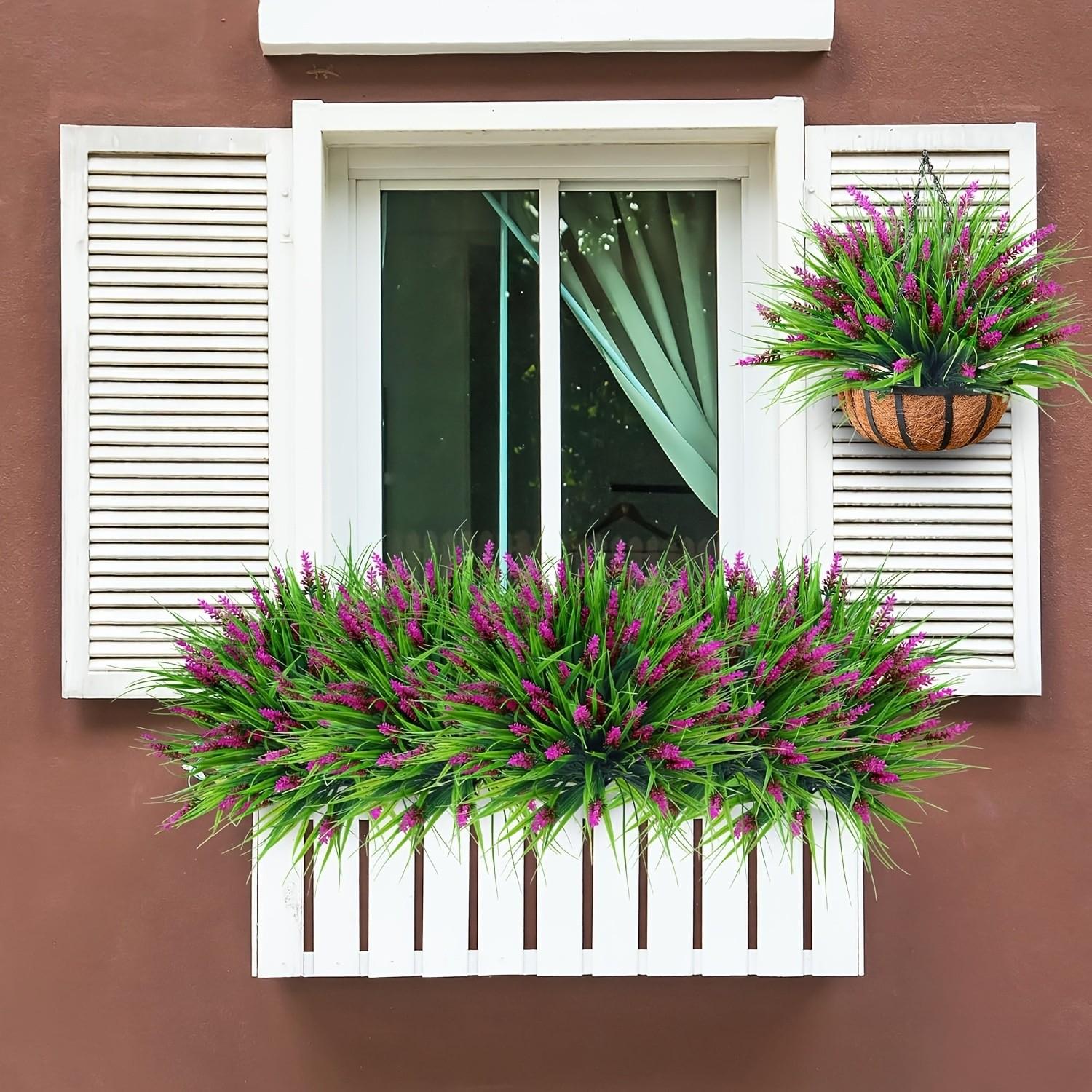 24 Bundles Artificial Lavender Flowers Outdoor UV Resistant Fake Lavender Plants, Faux Flower Decoration, Faux Plastic Greenery for Indoor Outdoor Home Porch Balcony Garden Decor
