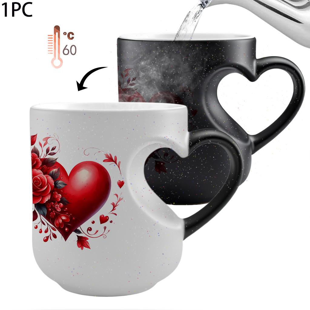 1pc Magical Color Changing Mug with Heart-Shaped Handle, 11oz 325ml Unique Heart Design, Red Heart & Floral Pattern, Heated Gradient Mug Reusable, Perfect for Birthdays, Valentine'S Day, and Mother'S day Gifts