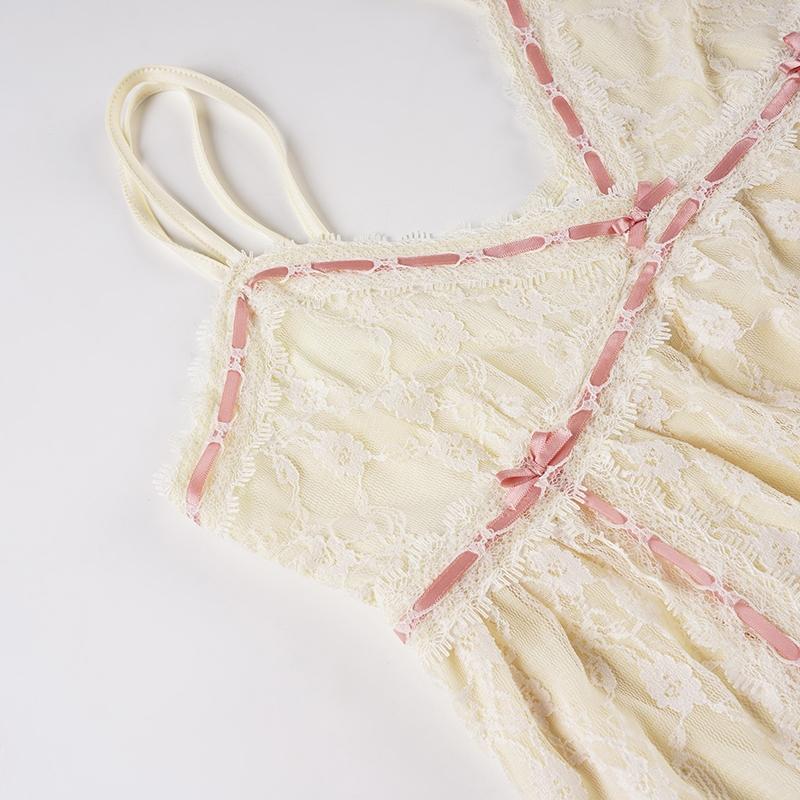 Cute Lace Bowknot Halter Top Y2K Style, Sweet Vintage Summer Tank, Double Layered Floral Trim, Adorable Girl's Sleeveless Blouse