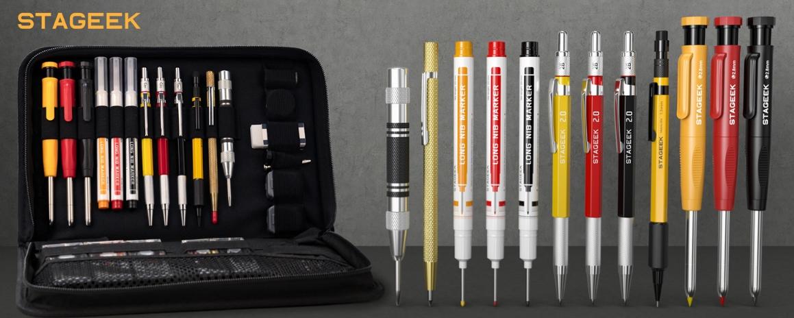 STAGEEK 34 Pack Carpenter Pencil Set with Sharpener, Mechanical Carpenter Pencils with 104Pack Refills and Carbide Scribe Tool, Heavy Duty Construction Pencils for Architect Woodworking, Art Supplies, Art Materials - With Canvas Case