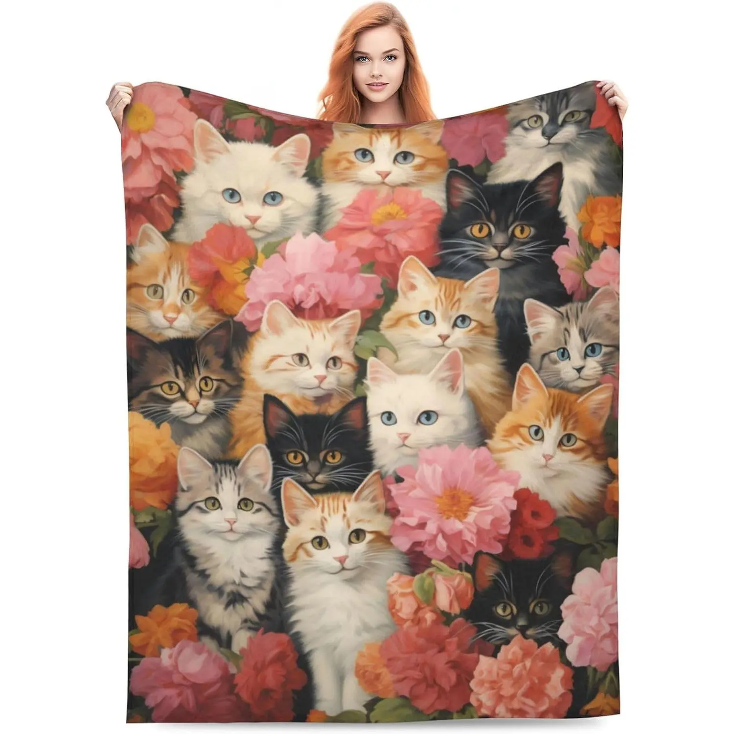 Cute cat-designed blanket for floral lovers, women and girls.Floral cat flannel blankets for home, sofas and beds.Soft, decorative, lightweight, suitable for Christmas.