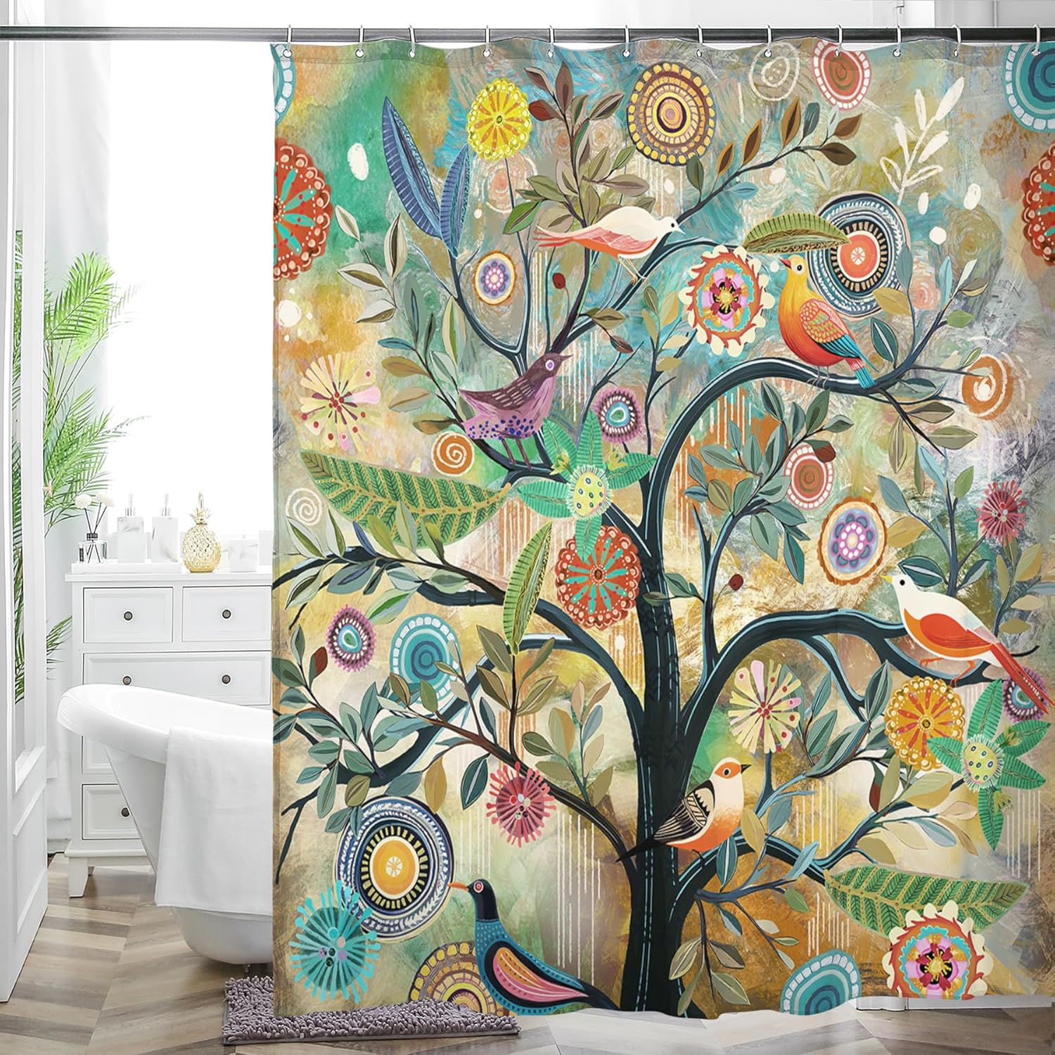 Shower Curtain, Boho Floral Print Water Repellent Polyester Fabric for Bathroom Decor, 72*72 Inch Standard Size with 12 Hooks, Also as Room Divider Shower Curtain, Boho Floral Print Water Repellent Polyester Fabric for Bathroom Decor, 72*72 Inch Standard Size with 12 Hooks, Also as Room Divider