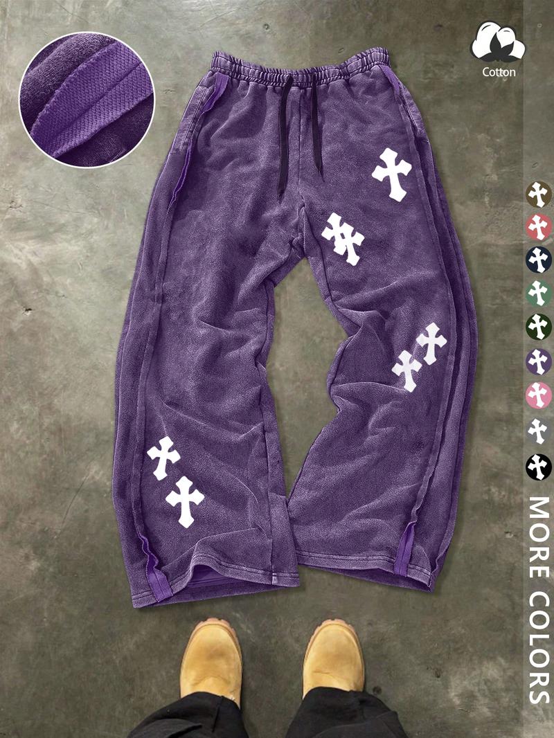Unisex Street Style Cross Print Cotton Sweatpants, Loose Fit, Elastic Waist, Washed Cotton Fabric, Casual Fashion, Y2K.men's gift