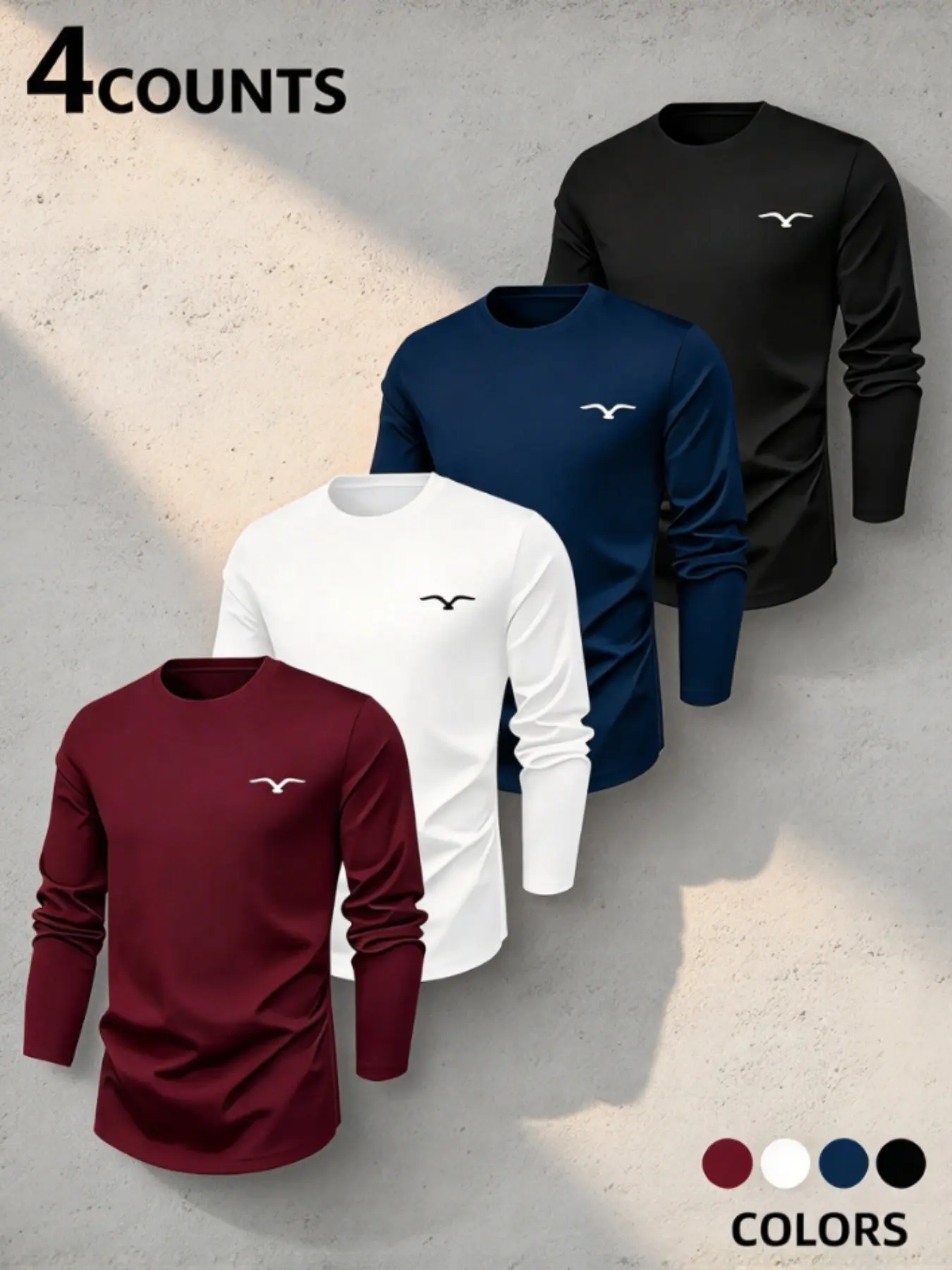 Men's 4-Piece Long Sleeve T-Shirt Set Top, Fashion Casual Classic Round Neck, Soft Breathable Fabric, Geometric Design, Spring & Fall