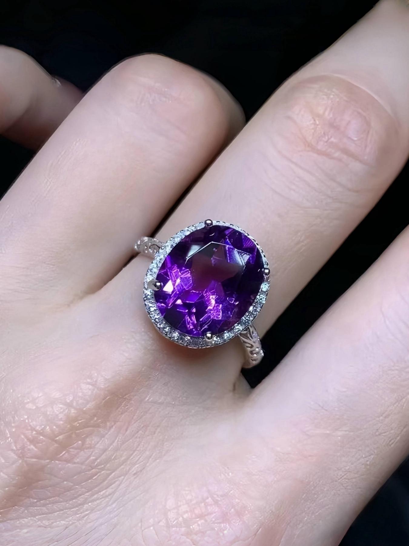 S925 Sterling Silver Natural Amethyst Ring, Fashion Jewelry for Party, Daily Clothing Decor, Trendy All-match & Exquisite Jewelry for Birthday Gift