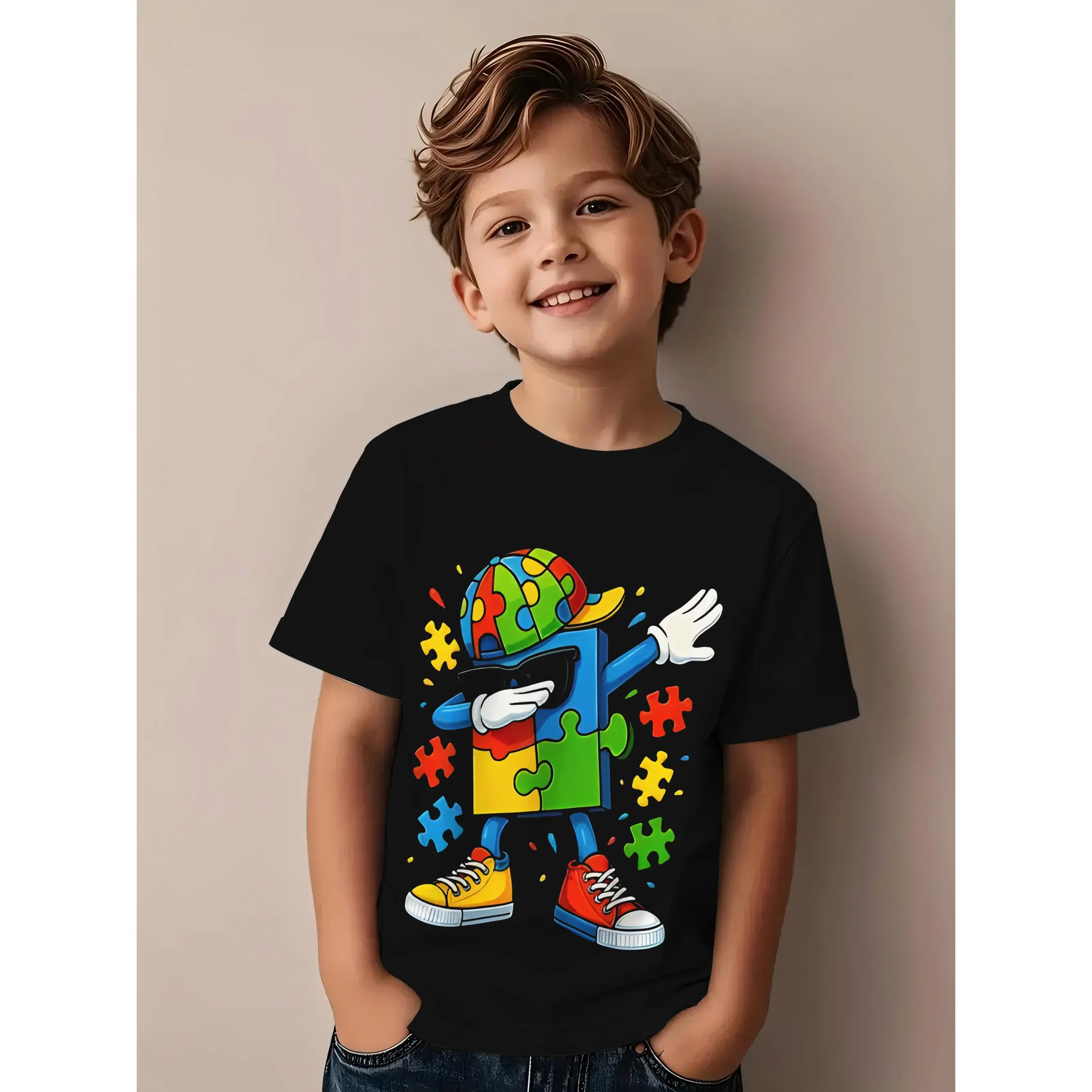 Boys' Building & Puzzle Print T-Shirt Compatible for Lego ®   - Soft Short Sleeve Round Neck Tee with Mr. Puzzle & Block Characters, Machine Washable ' Birthday Gift for Parties, Summer Playwear ( Themed Outfit)(3Y-13Y)