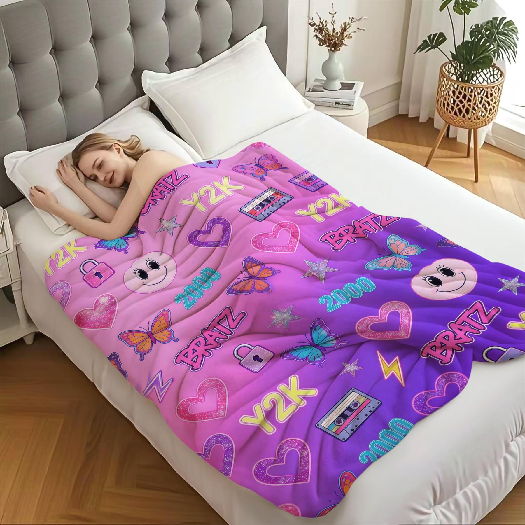 Bratz Y2K Flannel Blanket, Retro Cassette Butterfly Print Blanket, Office Nap Blanket, Multi-Use Blanket, Suitable For Bedroom Bedding Sofa Nap Drama Watching Throw, All-Season Use