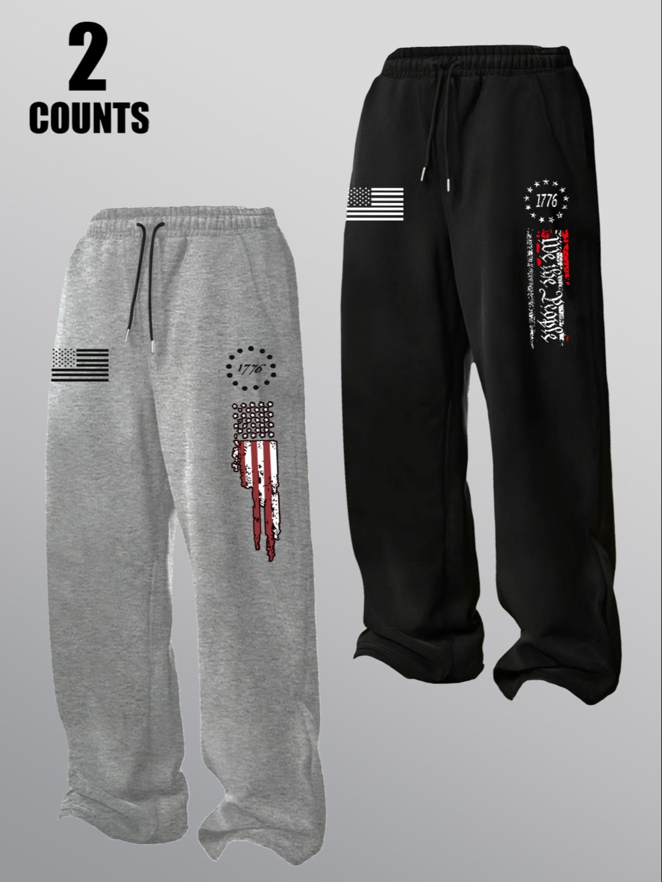 Men's Spring Autumn Classic Flag Print Casual Fitted Pants Set, Drawstring Waist Athleisure Straight Leg Long Trousers, Outdoor Sports Wear for Men