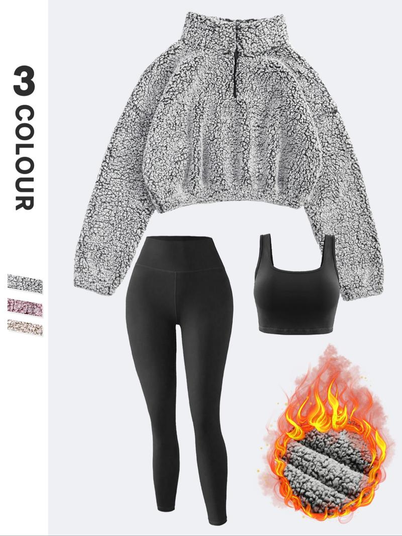 Women's Fleece Lined Sweatshirt Set, Sporty Tight-Fit Yoga Pants, Breathable Skin-Friendly Top, Fall & Winter Activewear, Leggings Tracksuit Set
