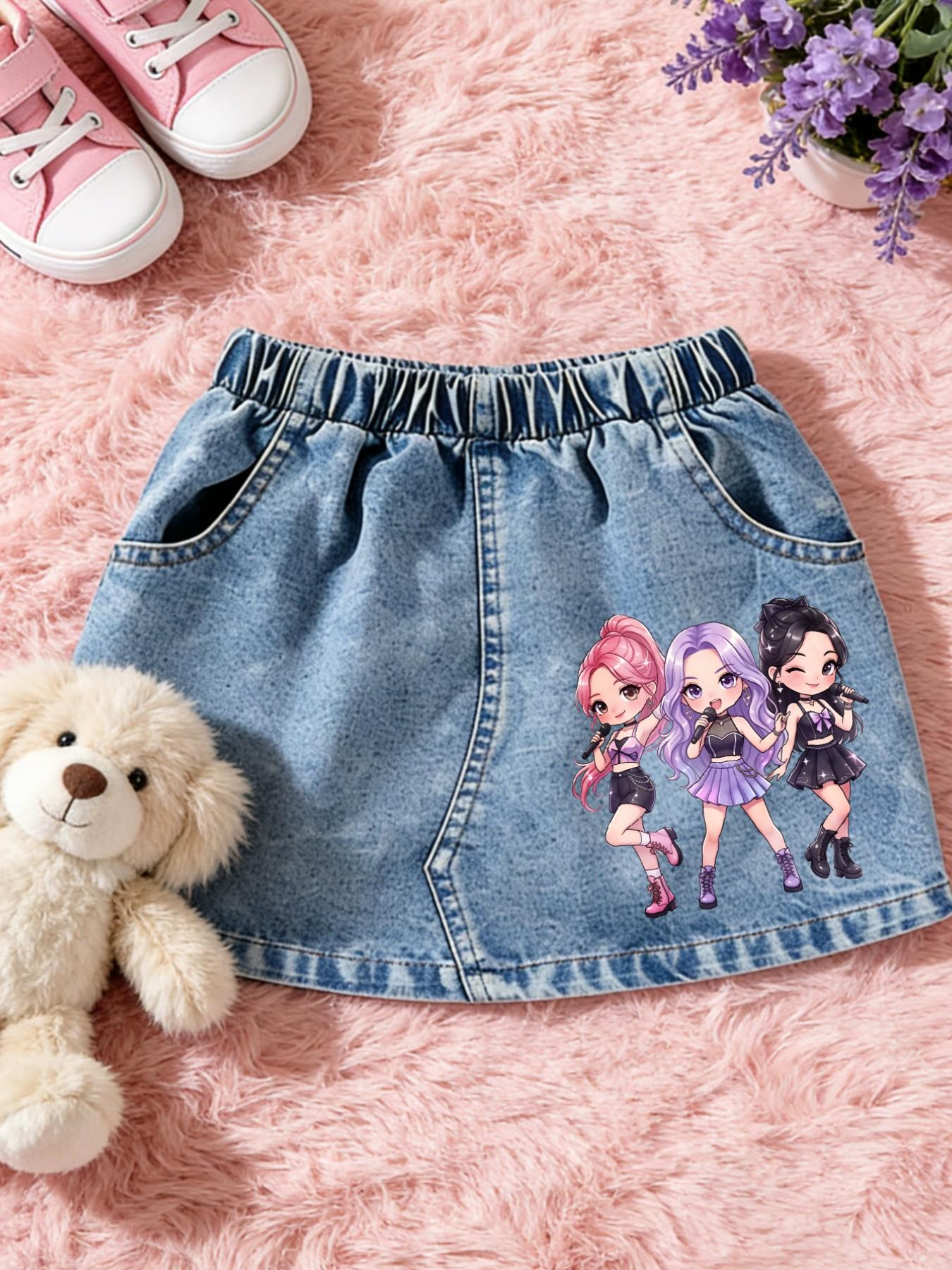 Vibrant Girl Pattern Skirt, Durable Denim Material, A-Line Fit, Short Design, Casual Style, All-Season Wear, Comfortable and Stylish