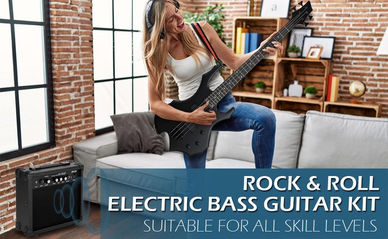 Ktaxon 44in Electric Bass Guitar Full Size Flame Design Bass Set with 20 Watt Amplifier, Portable Bass Bag, Superior Amp Wire, Adjustable Guitar Strap, Plectrum, Wrench Tool(Matte Black)