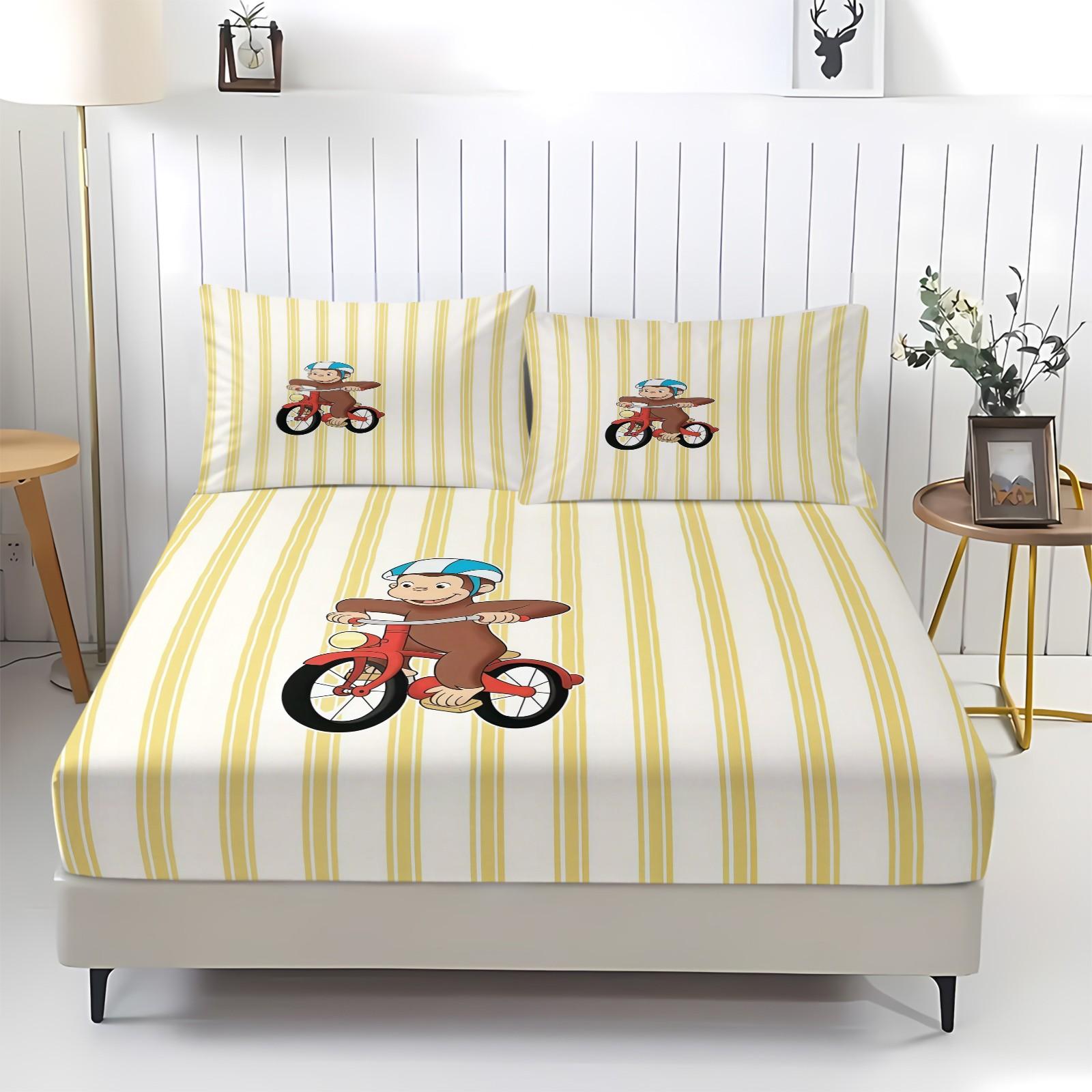 3 Piece Curious George Fitted Sheet Set, 1 Fitted Sheet + 2 Pillowcases, Cute Cartoon Monkey Biking Summer Adventure Bedding, Kids Bedroom Decor for Boys Girls Teens, Ideal Gift for Curious George Fans