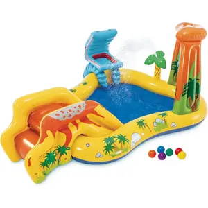 Inflatable Dinosaur Play Center Outdoor Playhouse Inflatable Water Park with Kid Pool Slide, Water Sprayer, Waterfall, and  Balls