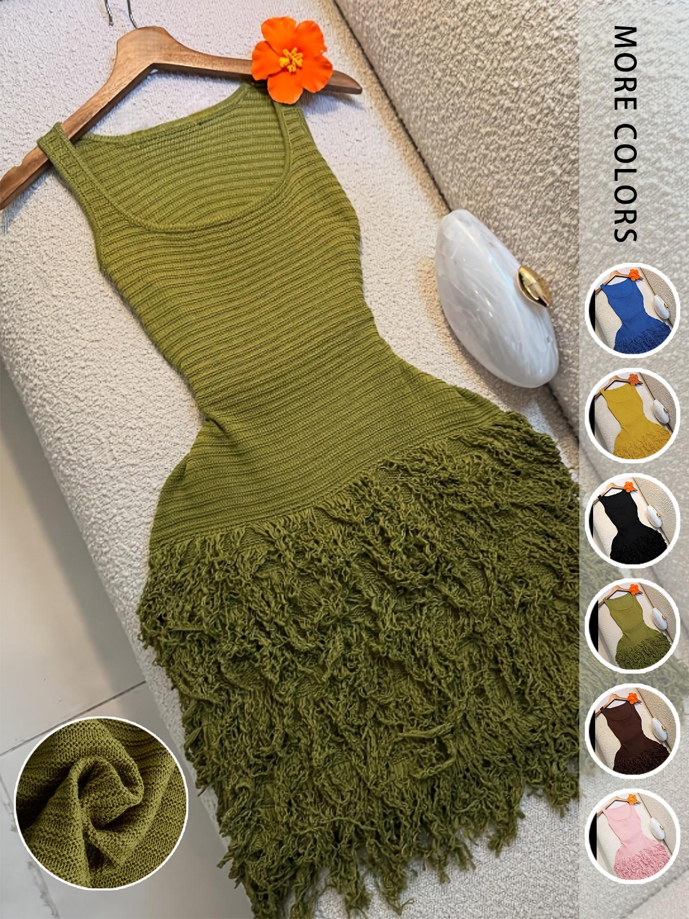 Elegant Knitted Bodycon Dress, Summer Vacation Fringe Skirt, Slim Fit Sleeveless Knit Vest Dress, Solid Round Neck Sweater Dress, Spring & Summer Women's Clothing
