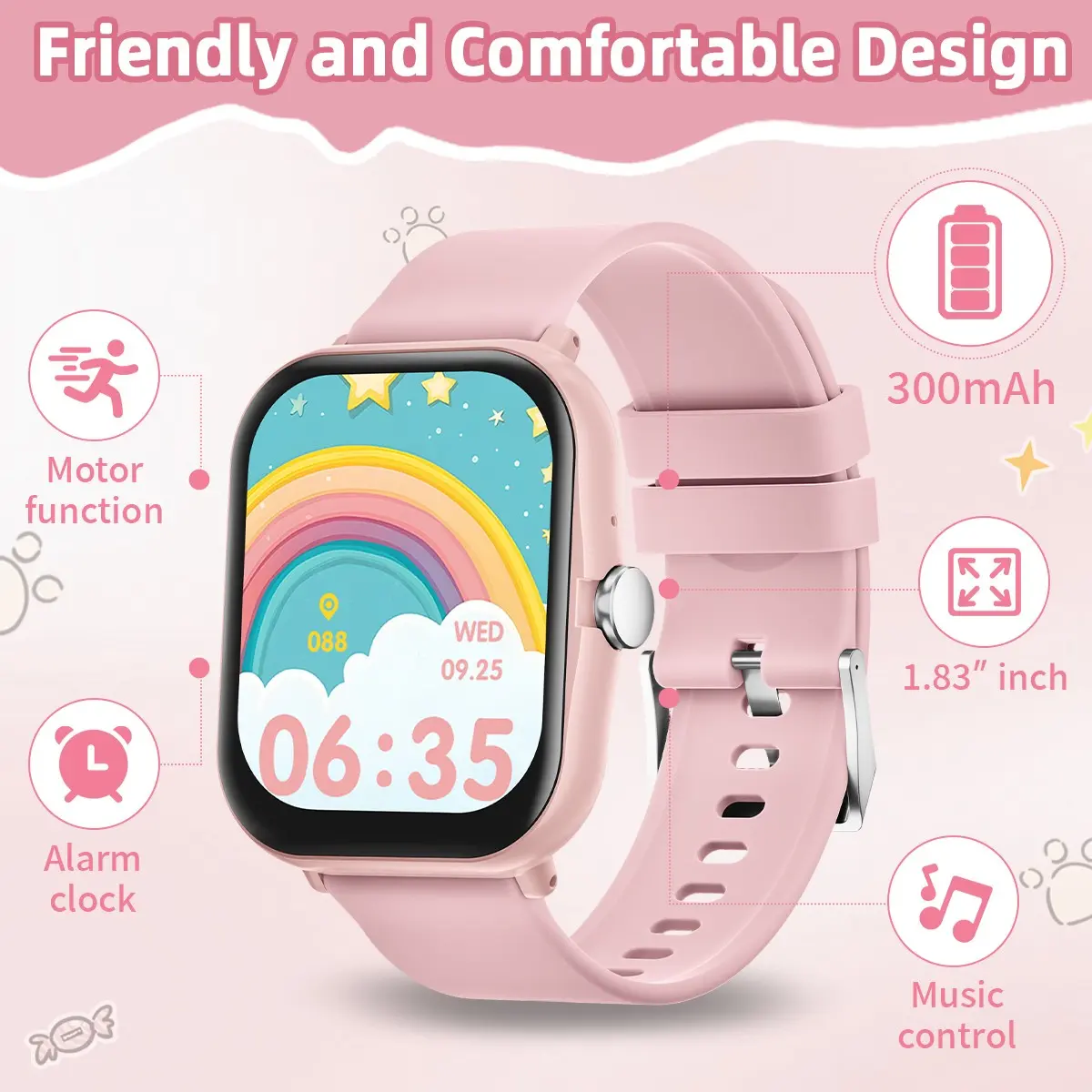 1.83-inch high-definition touch screen children's smartwatch, equipped with flashlight, pedometer, calculator, large capacity battery, children's toolbox, wearable device gift suitable for boys and girls, with multi-color silicone strap
