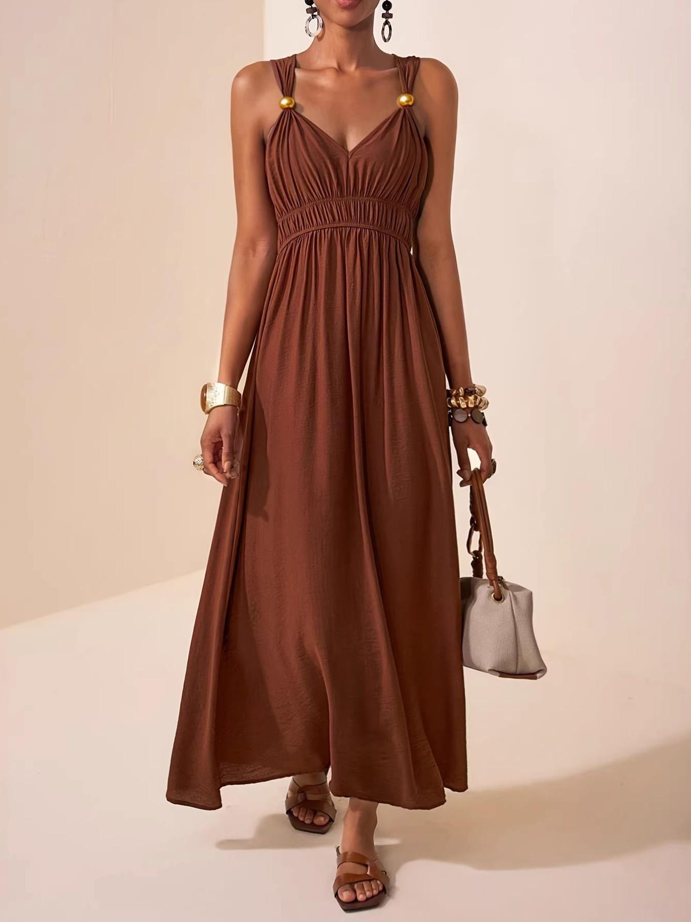 Women's Thin Strap Sleeveless Deep V Long A-Line Dress, 2026 Summer New Minimalist Elegant Chic, Perfect for Parties, Events and Evening Formal Wear