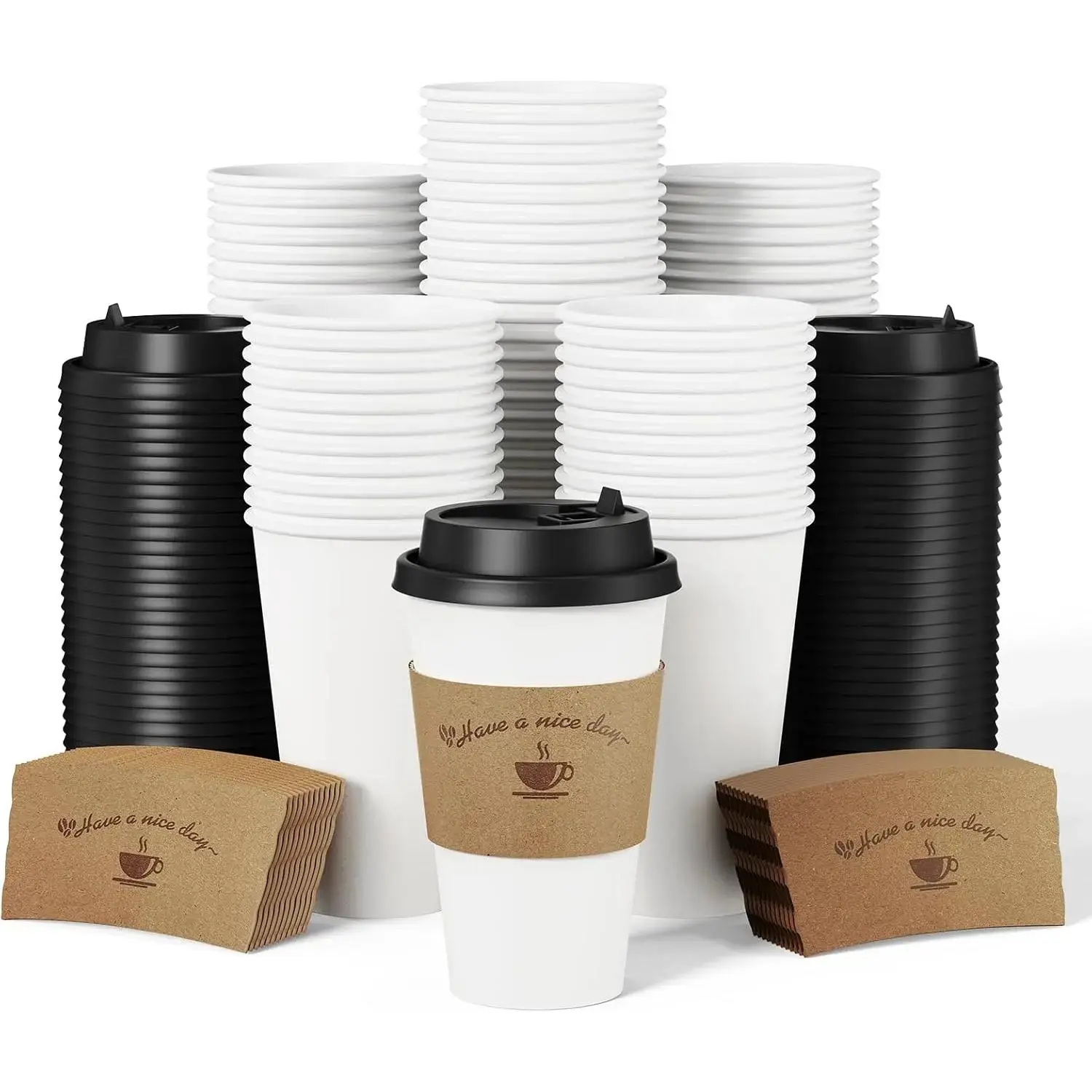 100 Pack Disposable Coffee Cups with Lids and  Sleeves, 16 oz White Coffee Cups for Hot Drinks