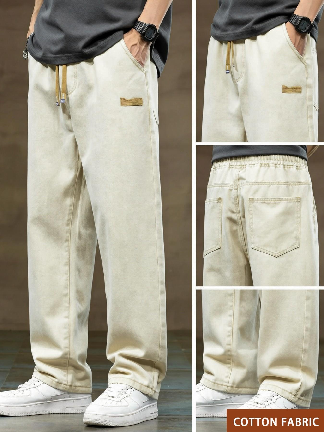 Men's drawstring elastic waist straight leg jeans, solid color casual versatile non stretch denim pants, fit straight leg version, suitable for all seasons