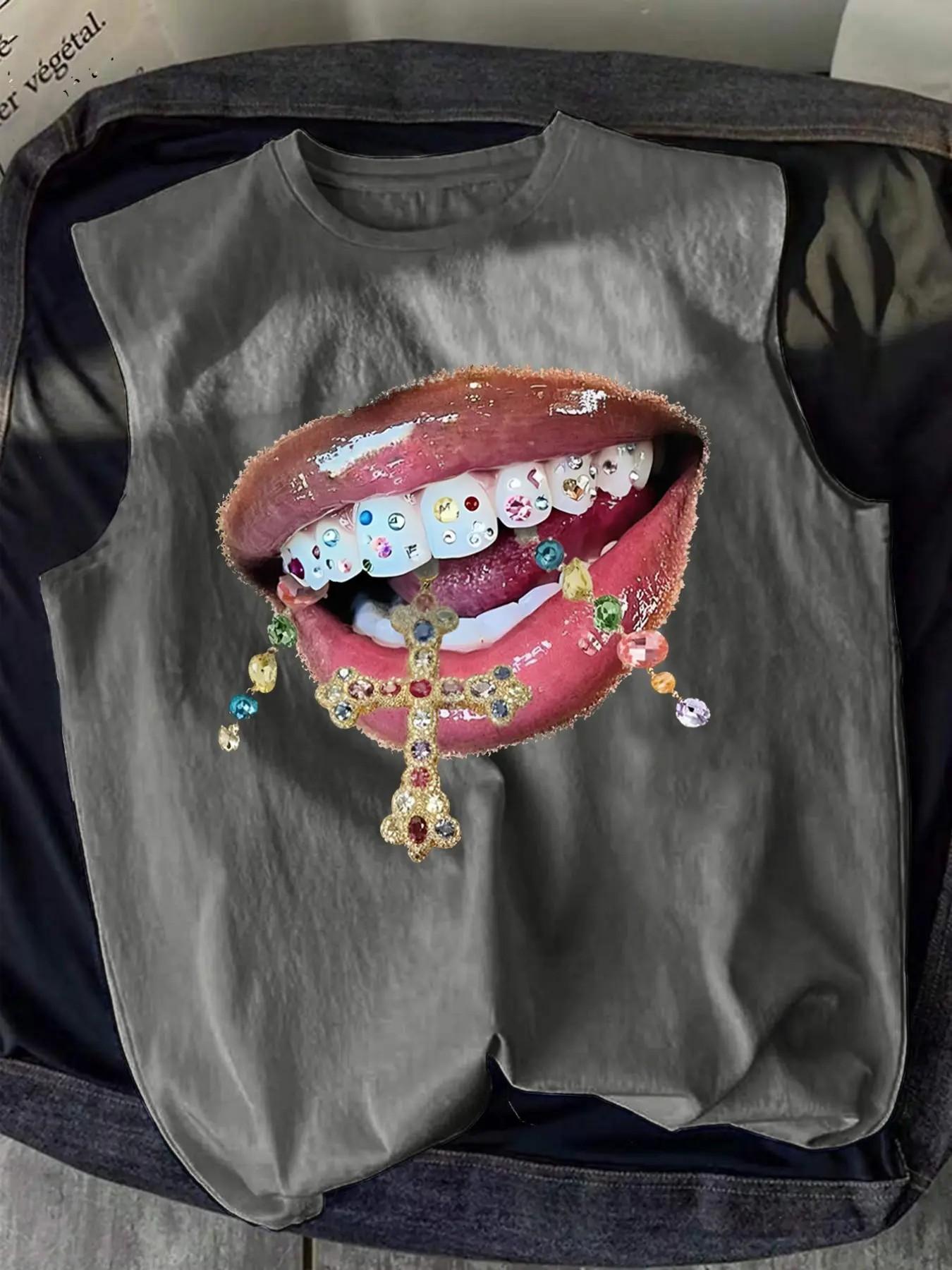 Gothic Sleeveless Top with Rhinestone Lips Cross Jewelry, Fitted Long Casual Graphic Shirt, No Zipper or Button, Made in China