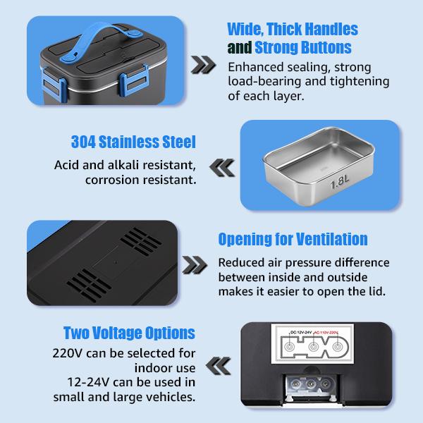 Nifogo Black Friday Electric Lunch Box Portable Food Heater for Adults 110V/12V/24V 1.8L 304 Stainless Steel with Fork Spoon & Bag Tableware Classic Black