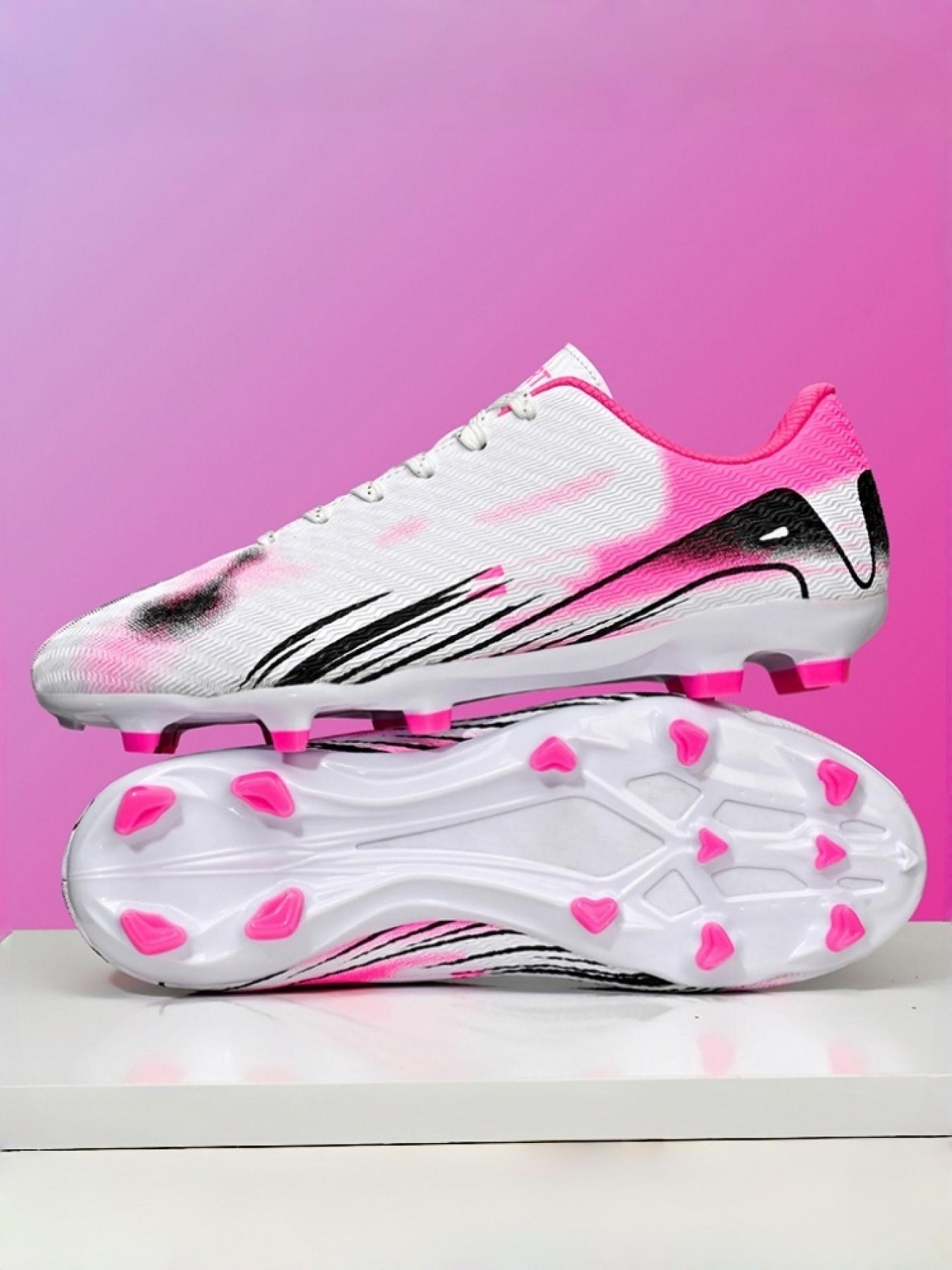 1 Pair Parent-Child White Pink Color Block Football Cleats | Breathable Mesh | Enhanced Traction | Eye-Catching Design | For Soccer Training & Matches | Trending