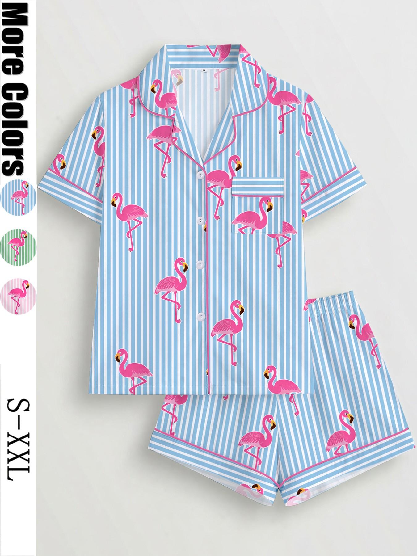 Women's Striped Flamingo Print Pajama Set Pjs, Short Sleeve Button-Up Top & Elastic Shorts, Casual Loungewear Outfit & Pajamas for Home Wear, All Seasons