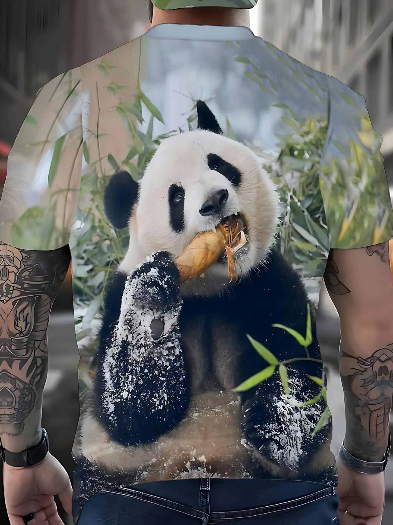 Men's Trendy Print T-Shirt, Casual Short Sleeve, Comfortable Fabric, Panda Eating Bamboo Design, Perfect for Daily Wear, All Seasons
