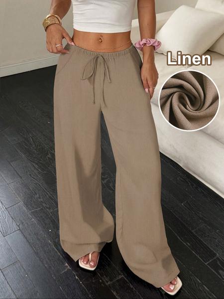 Women's Linen Wide Leg Pants, Casual Breathable Thin Weave Long Trousers, All Season Plain Pattern, Ladies Fashion Clothing