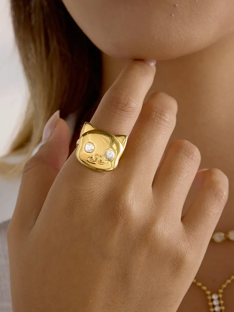 Classic 18K Plated Gold Color Cat Dog Shape Adjustable Open Ring Elegant Fashion Rings With White Zircon Stainless Steel Rings Jewelry