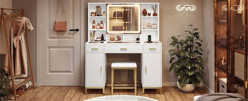 Sikaic Makeup Vanity Set With Mirror And Lights Charging Station Furniture Luxury Modern Design Bedroom Storage