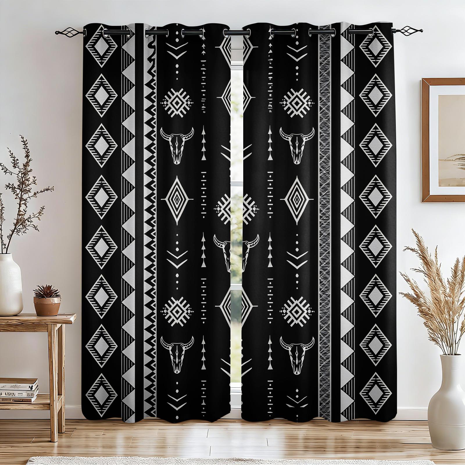 2 Panels Tribal Bull Skull Aztec Blackout Curtains Sun Blocking Noise Reducing Window Treatments with Black White Southwestern Pattern for Bedroom Living Room Office Dorm Rustic Western Boho Room Decor
