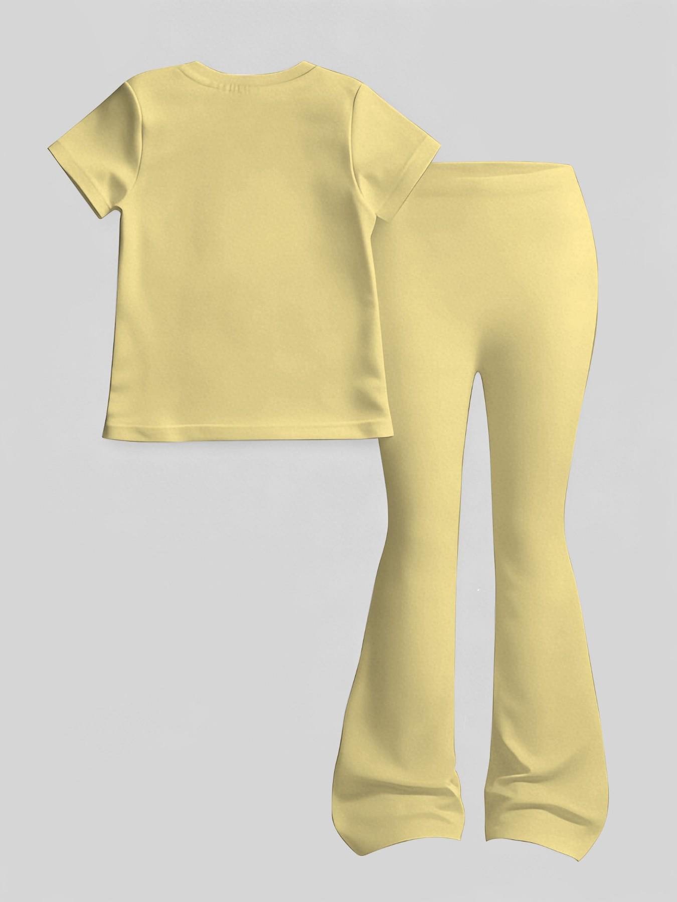 Girls' Bright Set, Number 67 Baseball Print Short Sleeve Top + Bell Pants, Cool Casual Two-Piece, Summer Comfortable Breathable Kids Clothes