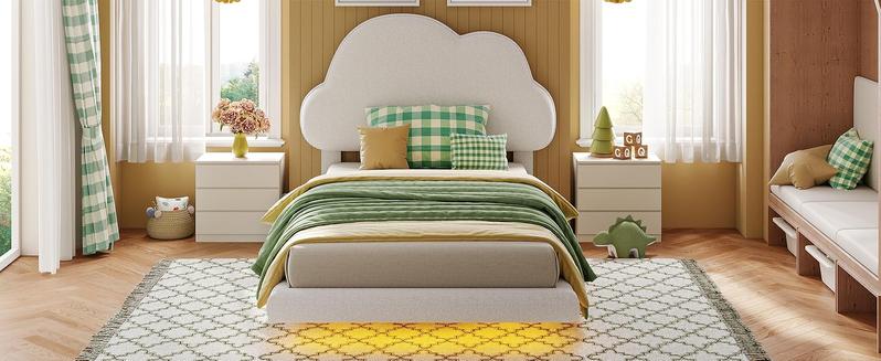 LIKIMIO Twin Bed Frames, Floating Bed Frame with LED Light and Upholstered Headboard, Solid Wooden Slats Support, No Box Spring Needed