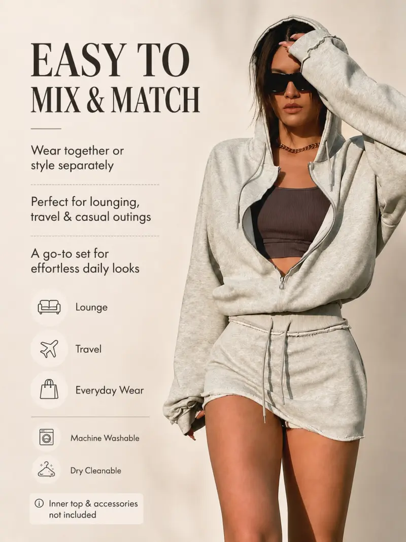 Women's Two-Piece Hooded Sweatshirt Set, Drawstring Zipper Long Sleeve Top, Elastic Waist Short Skirt Pants, Casual Fall Clothes Women's Two-Piece Hooded Sweatshirt Set, Drawstring Zipper Long Sleeve Top, Elastic Waist Short Skirt Pants, Casual Fall Clothes