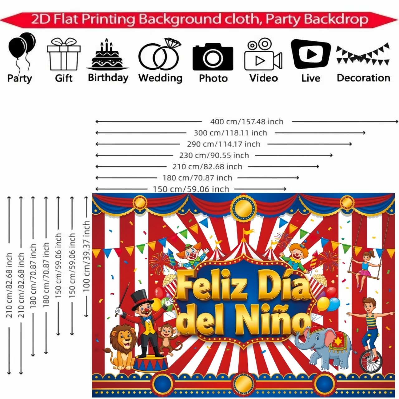 2D Flat Banner, Spanish 'feliz Día Del Niño,' Polyester, Circus Theme, Home Wall Outdoor Garden Party Decor, Large Garage Party Banner